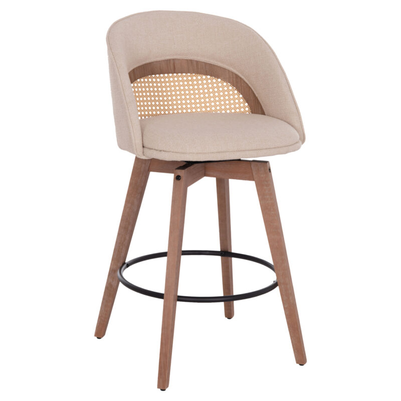 Бар стол Swivel Riki OHM18253.01 с дървени крака и текстилна дамаска в бежов цвят, 51x53x94 см