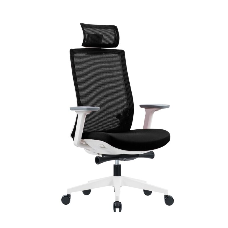 Ергономичен стол RFG Meteor White HB, дамаска и меш, до 130 kg, черна седалка, черна облегалка