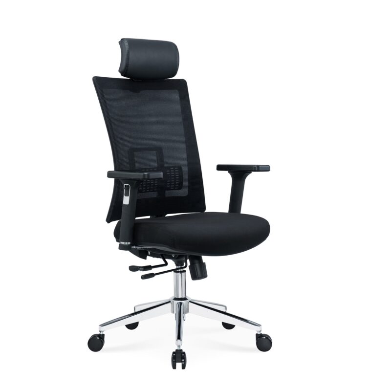 Ергономичен стол RFG Luxe HB Chrome, дамаска и меш, Multi-function механизъм, до 120 kg, черна седалка, черна облегалка