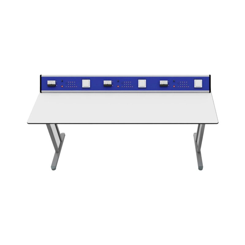 Ученическа маса RFG Flat, лабораторна, над VII клас, 180 х 60 х 75 cm, HPL плот, метални крака, синьо-бяла